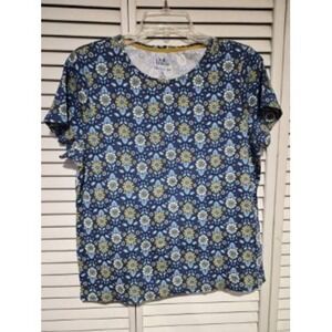 Croft & Barrow Womens XL Blue Yellow Floral Medallion Cotton Short Sleeve Tee